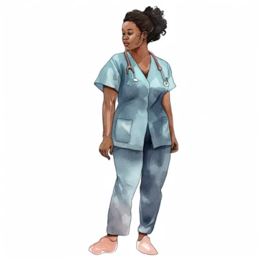 single black overweight woman nurse watercolor clipart. Full body