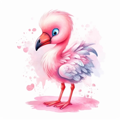 a cute adorable chibi cartoon style pink flamingo for valentine, watercolor clipart