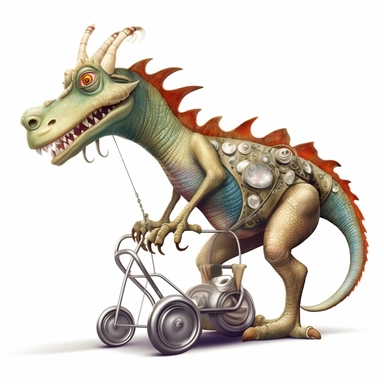 clipart of a lazy dragon walking behind a rollator, white background