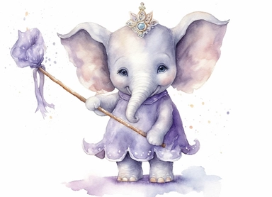 watercolor cute little baby elephant wearing a crown and holding a scepter, in the style of light silver and light purple, victorian-inspired illustrations, nature-inspired pieces, 5 sets of clipart of different playful compositions, plush doll art, high resolution, isolated on a white background