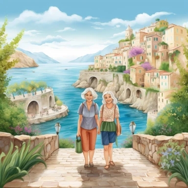 panoramic view, full view, landscape, exact image, age progression, two beautiful older female best friends, one with long blonde hair and one with short blonde hair, same height, posing, smiling, beautiful faces, along a cobblestone walkway in a beautiful mediterranean town with view of beautiful blue water, cascading bougavanelia, beautiful summer day, illustration clipart, photo realistic, romantic, fantasy, ethereal, sharp focus, high detail, (--iw 5)