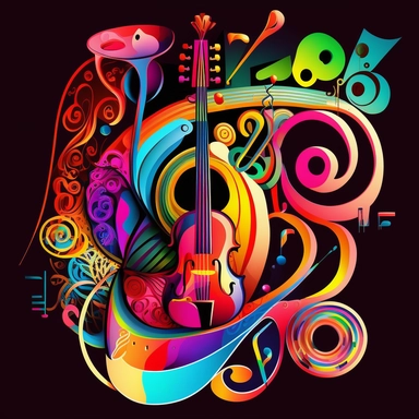 A dynamic clipart featuring artistic tools, musical instruments, and various art forms, such as painting, dancing, and writing. This design will celebrate human creativity and the power of imagination, with colorful, swirling patterns and abstract shapes.