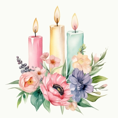 three candles, flower bouquet, pastel colors, watercolor style, white background, clip art