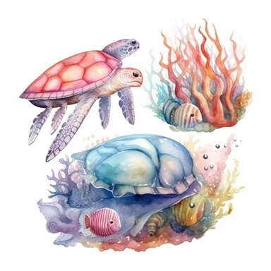 delicate colours Set of Underwater Animals. Watercolor hand drawn illustration of sea Fish on isolated background. Big undersea bundle with seahorse, jellyfish and turtle. Drawing of marine wild life for clipart.
