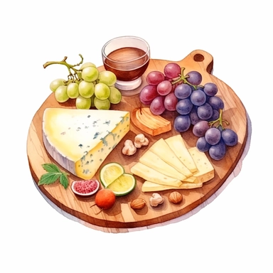 Watercolor cheese platter with wallnuts and grapes and raisins and figs nicely placed along with cheese on a very large wooden flat plate or cutting board, illustrations clipart set, simple, soft colors, cartoon elements, different variants, cheese from around the world, wooden elements, separate elements with a margin