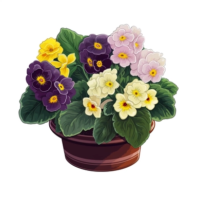 Isometric Sticker Clip Art of Primroses, Primula Flower, in flower Pot, children friendly, illustrated in a realistic style, different colors, perfect for any special occasion, cut out in the shape of Primroses, with no visible background, giving it the appearance of a sticker, conveying a mystical and whimsical mood, edited with Adobe Photoshop to adjust brightness and contrast, rendered as a transparent PNG file with a high resolution to ensure a crisp and clear image with no pixelation, suita