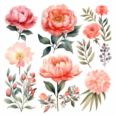 Handpainted romantic set with watercolor peonies, flowers, roses and leaves.15 lovely clipart isolated.Perfect your project,greeting cards,wedding,Birthday cards,bouquets,wreaths,invitations,logos