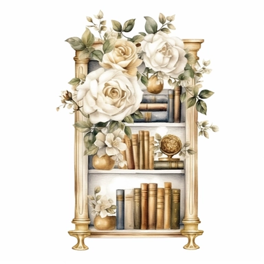watercolor, white background, clipart, watercolor, white background, ultra-realistic and hyper-detailed clipart beautiful bookshelves with white roses, white and rich gold hues
