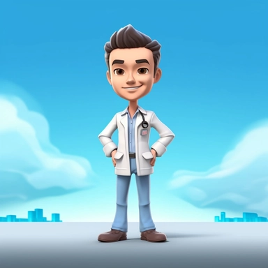 Front view of animated doctor standing wearing t-shirt character design, full body, face drawing with blue sky background, top quality, high quality face drawing, clipart, full illustration, 4k, sharp focus. Clear, soft skin, symmetrical, detailed face, c