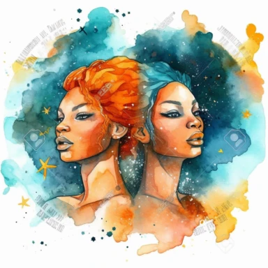 beautiful clipart watercolor of Gemini zodiac sign using nubian queen as image bright colors with white background no words or letters