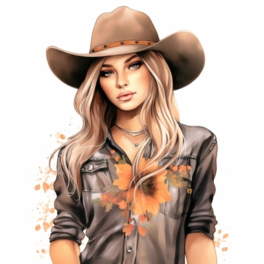 Just A Girl Who Loves Pumpkin Spice Cowgirl Png Sublimation Design , style by Lucy Fleming, watercolor, smooth gradients, black contour outline, ultra detailed, clipart elements, delicate pastel colors, solid white background, super clear, high quality