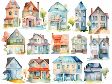watercolor hand drawn houses, clip art,planner elements, stickers a colorful clipping file featuring rhinestones, and accessories, in the style of hand-drawn, hallyu, pastel-hued, logo, sea and coast painter, maranao art,