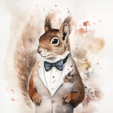 A charming watercolor clipart featuring a squirrel in an elegant suit, the squirrel's fur detailed with delicate brushstrokes in shades of brown and gray, the suit adorned with fine patterns and textures, the background is a pristine white canvas, capturing the squirrel's whimsical charm and sophistication, Watercolor painting on paper,