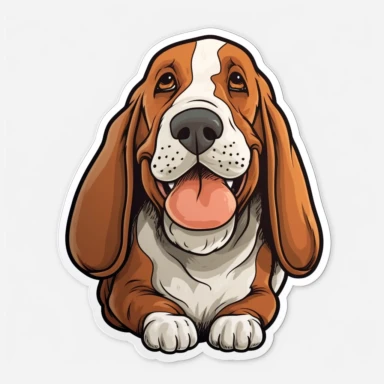 cute Basset Hound, happy and smiling, bold line, clipart, sticker, white background, no shadow, 8k detail