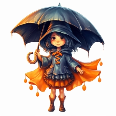 Cute Adorable magical little witch holds laterally a huge umbrella in his hand wears a raincape and stand in the rain on a country road, correct umbrella, clipart, high detail, 8k polished, 8k, vibrant colors, white background, sticker
