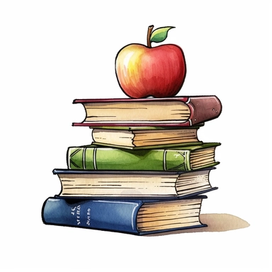 cartoon school book stack and apple illustration drawing, illustration clipart, detailed, black outline, white background, digital art, watercolor