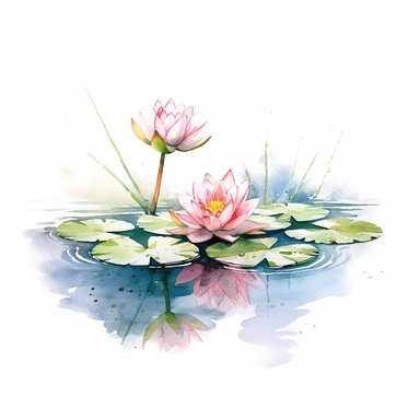Tranquil watercolor illustration of pink flowers blooming by a serene pond, portrayed from a top-down angle, with the gentle ripples on the water's surface adding a sense of tranquility, stillness, and the serene beauty of nature's quiet moments, clipart on a clean white background.