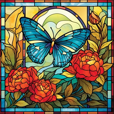 stained glass clipart of one butterfly and flowers, vincent van gogh style