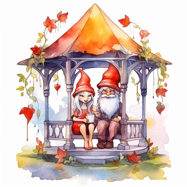 Watercolor magical gnome couple sitting in a gazebo watercolor clipart on white background, vivid colors, enchanting scene clipart on a white background in the style of feminine sticker art, Tanya Shatseva, storybook illustration, red, white and caramel tones, Georgia O'Keeffe, colored line art, colored outlines, cottagecore design, watercolor on white background, crisp tones, sticker outline, colored line art, colored outlines, iridescent ombre, gradient shading, pure tone, vibrant digital art 