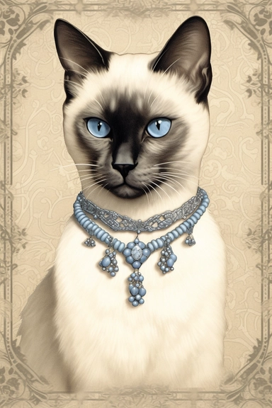 Siamese Cat with striking blue eyes and a delicate silver collar adorned with small diamond charms Victorian Illustration, 1920s Illustration, Vintage, Antique, Ephemera, Clipart, 8k, Isolated on white