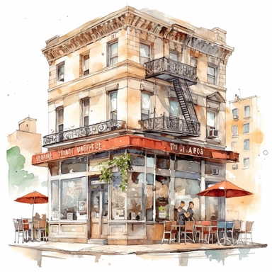 clipart de cafeteria de nueva york, acuarela, 16k, hiper minimalista, megapixel, full color, super detailed,insanely detailed and intricate, ultra detallado