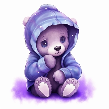 a shy baby bear in hoody Clipart, covered in hearts, Nursery summer Clipart, Easter Clipart, Crafting Digital Paper, purple and blue backlight Mother’s Day, white background