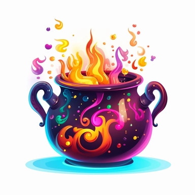 A witch's cauldron with a handle, filled with colorful potion bubbling over the top. The cauldron is decorated with stars and moons. Cartoon. Scary. white background, vector, clipart.