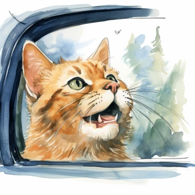 a funny cartoonish style cat sticking his head out the window, watercolor clipart