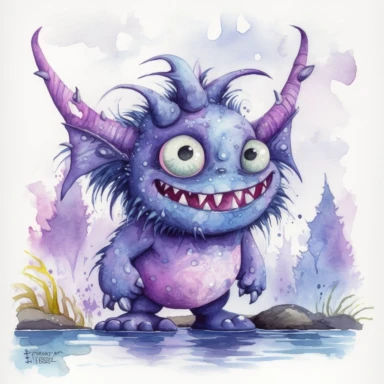 Watercolour cute monster creature clipart, rodney matthews style, no splash, black inky blue purple violet, single sheet, 4k