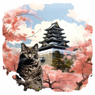 cherry blossoms laden on Osaka Castle Bottom, Siamese Cat wearing a Japanese kimono, sunrise, Clipart Watercolor