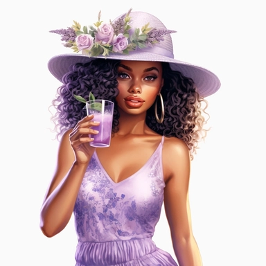 Beautiful pretty black girl wearing summer hat clipart, holding a drink, lilac outfit, highly detailed, 8k, white background