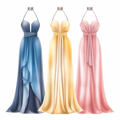 2d illustration of 3 prom dresses, fashion illustration, clipart, illustration, halter neck dress with drapes details, pink, blue, white, yellow on mannequin, white background, 360dpi,