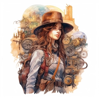 A captivating image blending steampunk, fantasy, and Hermione Granger as an independent adventurer. She wears a cowboy hat adorned with attached watches and carries a fur-trimmed bag on her shoulder, containing magical artifacts. In the background, the sounds of machinery and powerful volcanoes create an atmosphere of adventure. Clipart, watercolor, white background, intricate detail, steampunk aesthetic, fantasy elements.