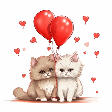 two cute Persian kittens boy and girl kissing and hugging in love and a lots of red hearts baloons aroud them clipart