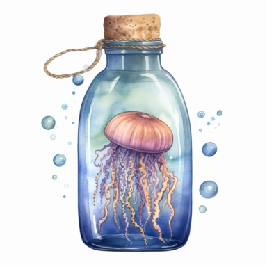 a glass bottle with a cute jellyfish in it, underwater scenery, watercolour pencil style, magical, kids art, isolated on a white background, PNG file clipart style, Dennis Wojtkiewicz, Amanda Clark, Lowell Herrero,