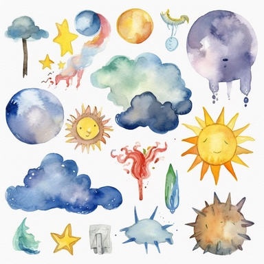 watercolor clipart graphics, weather theme, clouds, sun, rain, moon, wind, snow, lightning, sun, rainbow isolated elements