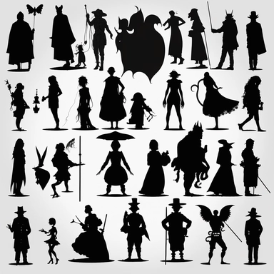 silhouettes of swindlers, monks, demons, mythological characters, disguised people, magicians, fools, lunatics, soldiers, priests, devils, fauns, angels, jugglers, cops, clowns, madmen. Bizarre, whimsical, random, victorian, theatrical, funny. Black and white clipart collection, white background