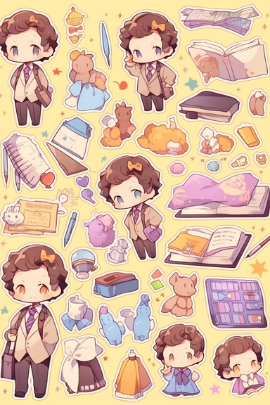 Stickers, Clipart, Knolling layout of cute Teacher themed, accessories neatly placed in equal proportion, Super Giant Pitch, larger spacing, vector stickers, high detail, charater sheet, Bright Colors, Hand Drawn Artwork, anime style, single design, 8k, white background, appropriate blank