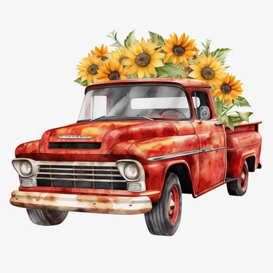 watercolor chevrolet red truck with sunflower png clipart