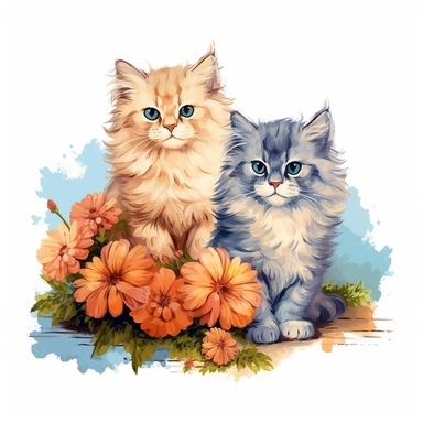 Vibrant Realistic natural colors Persian kittens various poses and modes with flowers boho style Clipart for a birthday card without text 300 dpi PNG format instant download for commercial use
