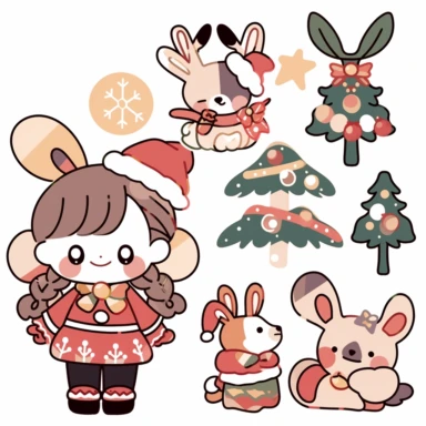 kahles xmas stickers vector collection | ornament vectors clipart stickers, in the style of kawaii manga, simplified line work, animal figurines, lacquer painting, plush doll art, intersecting lines, multi-layered figures, 8k