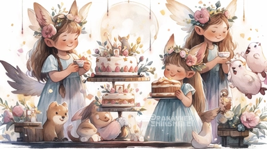 Little fairy girls happy birthday, celebration, cakes, birthday party, illustration for book, children's book, 2 clipart, fiorucci angels, beautiful decoupage paper, pastel colors, white background clipartm, fantasy art, squirrel ears, perfect eyes, detailed body, Watercolor Clipart, strybk, full Illustration, 4k, sharp focus, watercolor, smooth soft skin, symmetrical, soft lighting, detailed face, concept art, watercolor style, strybk, children's style fairy tales, chibi kawaii, Octane renderin