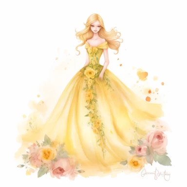 .''princess flora full body watercolour clipart high quality'' smilee face large dress