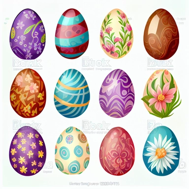Illustration of a dozen of easter eggs and flower on a white background, hand draw Illustration clipart, 4K, extremely detailed