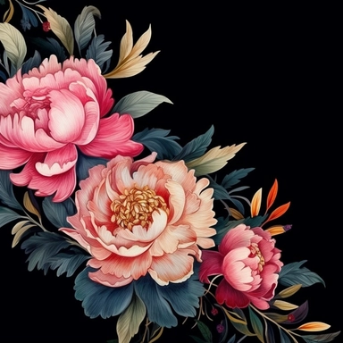 wide view, central composition, fit in shot, full length, uncropped ,watercolor peonies, side borders, wedding frame, clipart, vector, dark background