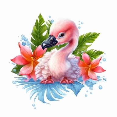 vibrant colored baby flamingo with beautiful frangipani flower, Valentine's Day, clipart, without text in the picture, white background, isolated on white, logo design
