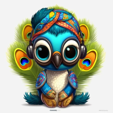 sticker, clipart, cartoon of a cute male Indian Peafowl cub with sun glasses and headphones, iridescent tail feathers, dressed with african gear,Dashikis, head wraps, kaftans, and Maasai beadwork jewelry, 3D, disney pixar style, puppy eyes, looking at athe camera, white background ,high definition, high resulotion, highly detailed,16K