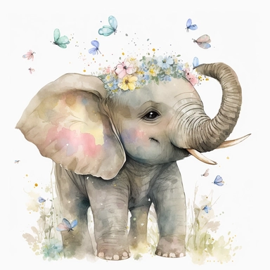 cute illustration of baby elephant with flower on head, flowers, soft and delicate colors, surrounded by butterflies, watercolor,white background, clipart