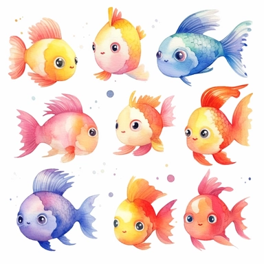 Create a set of childlike watercolor clipart featuring an adorable rainbow baby fish. Use a vibrant rainbow color palette with pastel tones to capture the playful and whimsical essence. Draw inspiration from children's storybook illustrations, infusing the creatures with innocence and charm, multiple poses and various expressions on white background