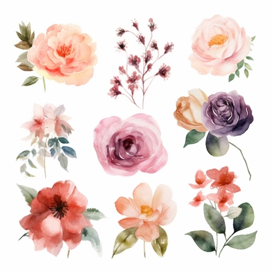 Watercolor Floral Clipart, Minimalist Flowers Watercolor, Rose Clipart, one dozen, Separated design, 8k